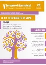 Afiche del V Encuentro de Psicología y Educación, a realizarse los días 8, 9 y 10 de agosto de 2024 en Facultad de Psicología, UdelaR.